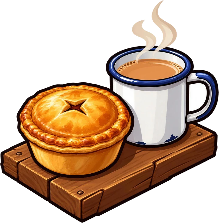 A meat pie and a cup of tea on a wooden board: smoko time