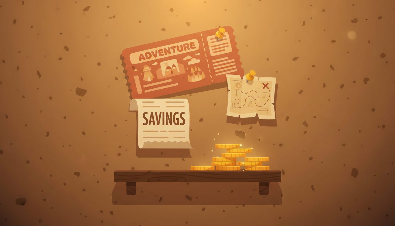 NeverExperience key art — an adventure ticket, a SAVINGS receipt and gold coins