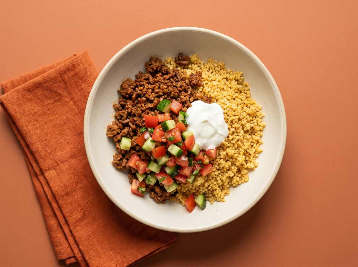Overhead photo of BBQ-spiced beef mince over garlic couscous with tomato salsa and yoghurt