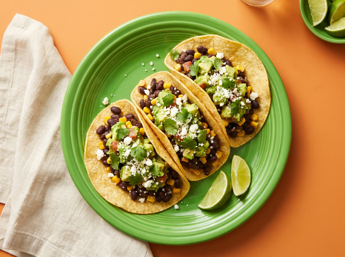 Overhead photo of black bean and corn tacos with avocado salsa