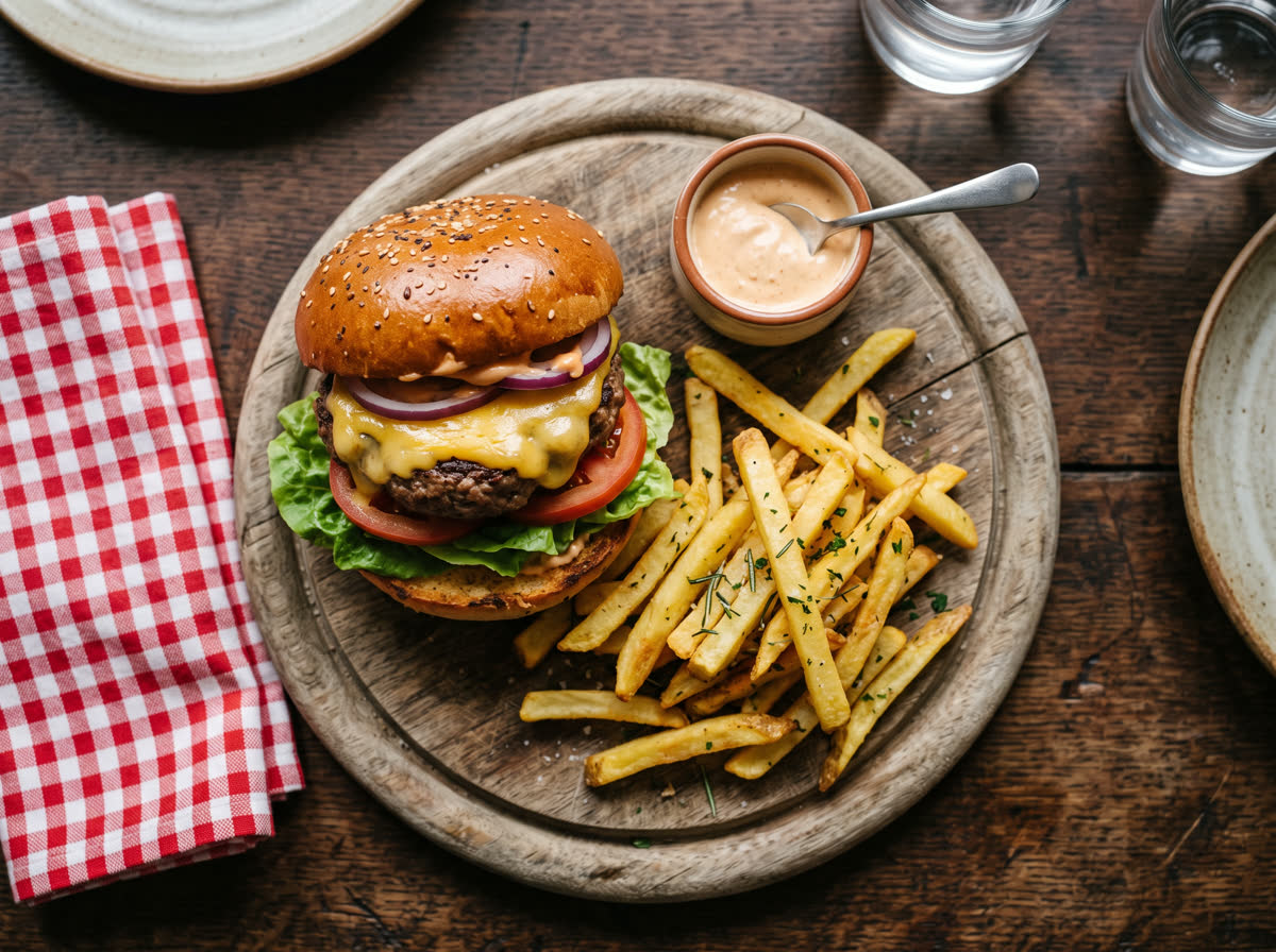 Overhead photo of a classic beef burger with melted cheddar and special sauce, served with herby fries