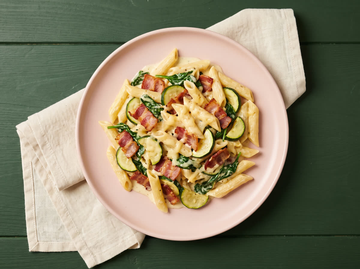 Overhead photo of creamy bacon and zucchini penne with spinach and cheese