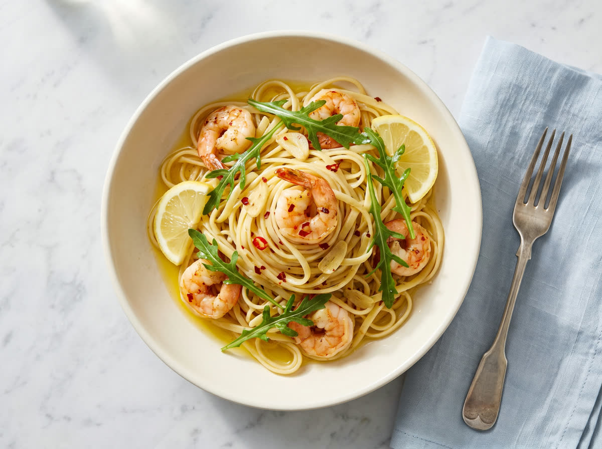 Overhead photo of garlic and chilli prawn linguine with lemon and rocket