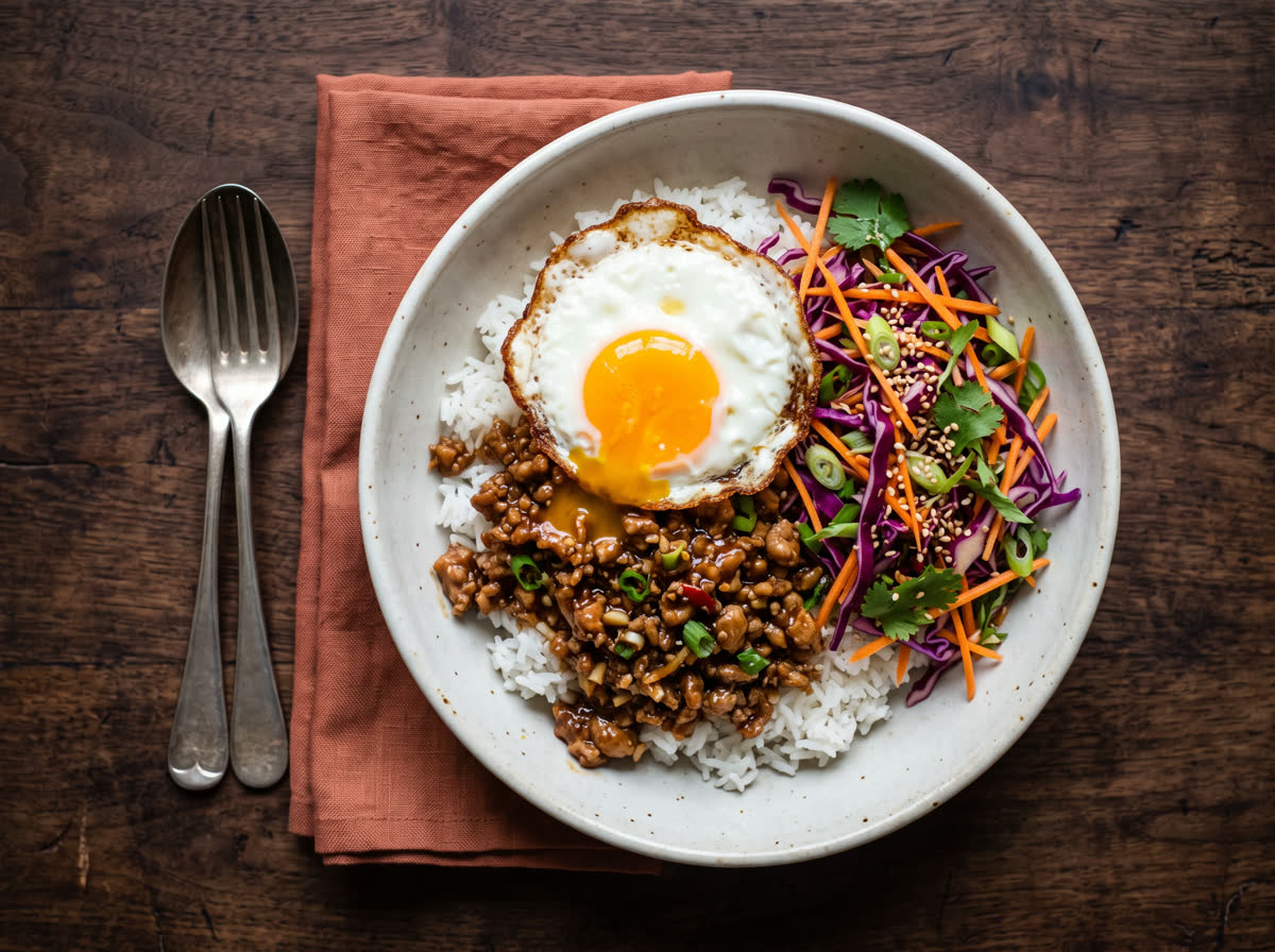 Overhead photo of ginger pork mince over rice with crunchy slaw and a fried egg on top