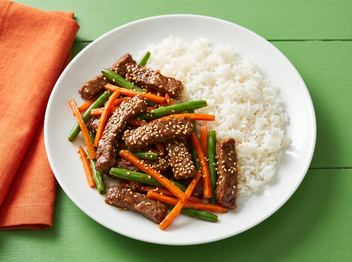 Overhead photo of honey-soy sesame beef stir-fry with carrot and green beans over garlic rice