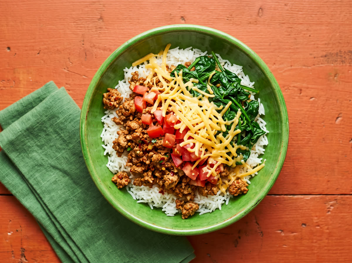 Overhead photo of Mexican-spiced pork mince over rice with baby spinach, tomato and shredded cheddar
