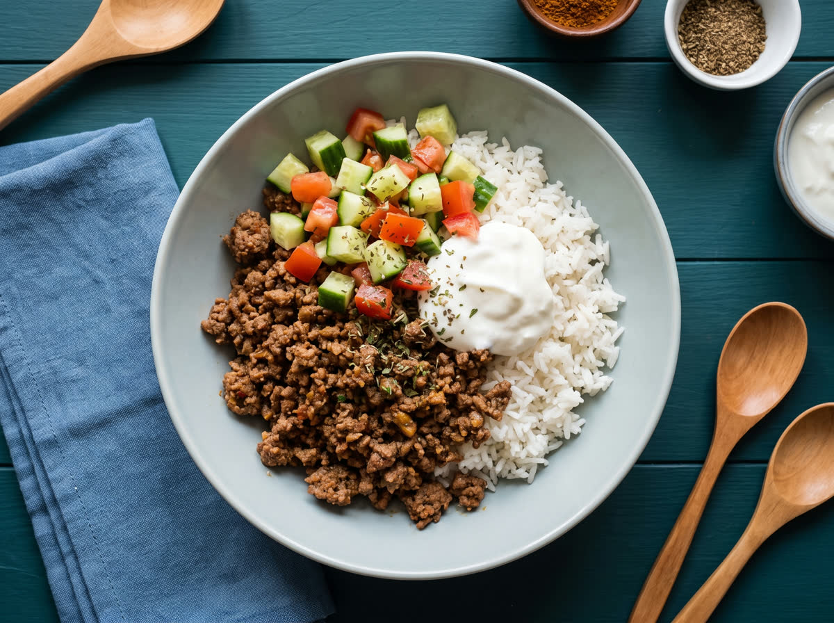 Overhead photo of Middle Eastern spiced beef mince over rice with cucumber salsa and yoghurt
