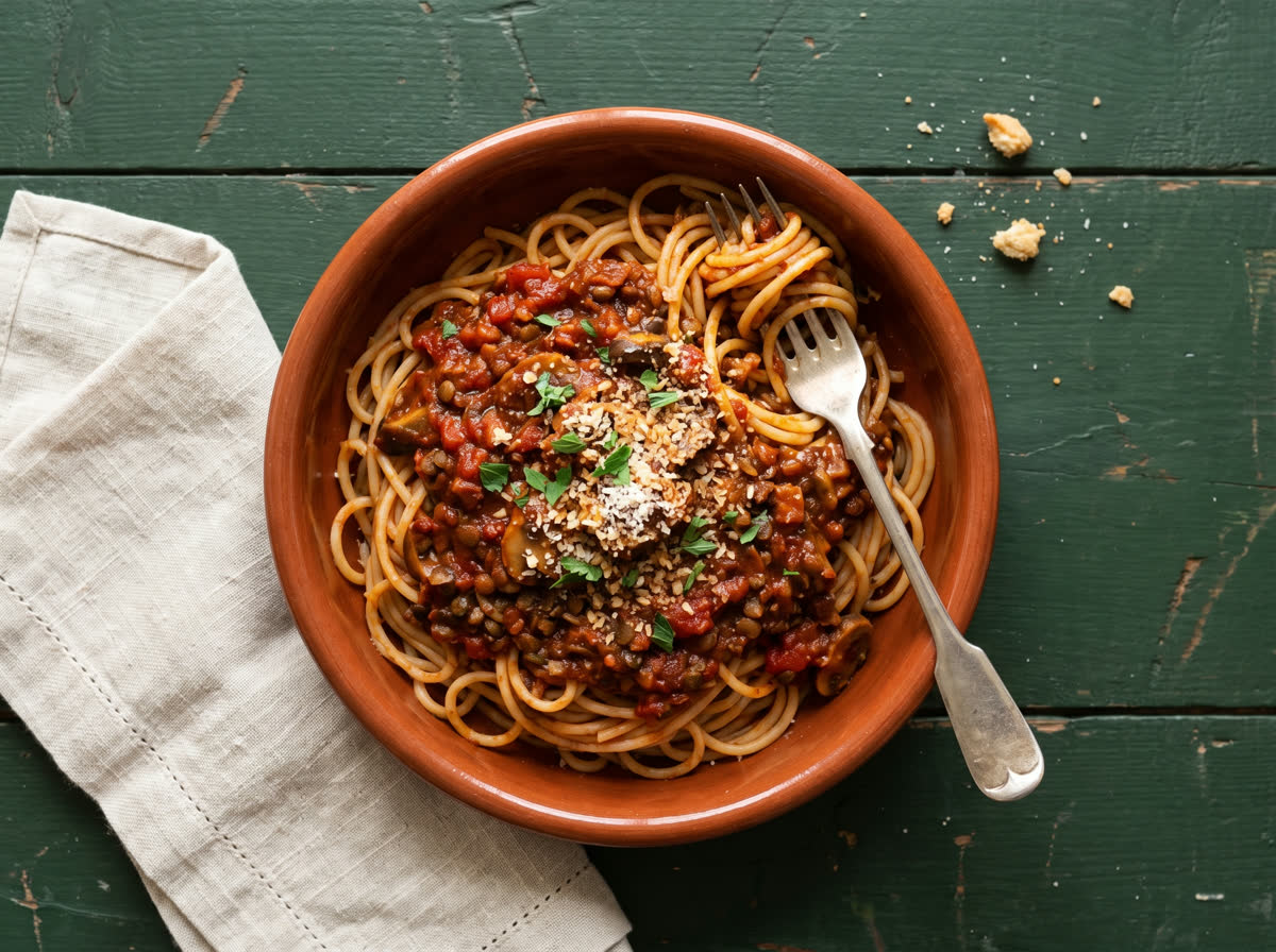 Overhead photo of mushroom and lentil bolognese with spaghetti