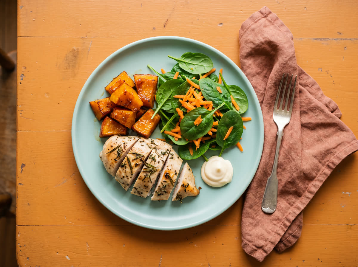 Overhead photo of herb-rubbed chicken with honey-roasted pumpkin and a garden salad