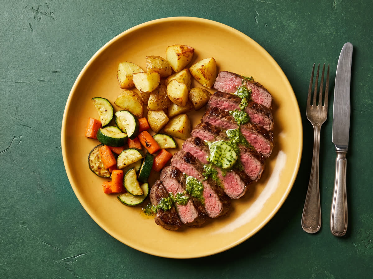 Overhead photo of sliced rump steak with melting pesto butter, roast potatoes and pan-fried veg