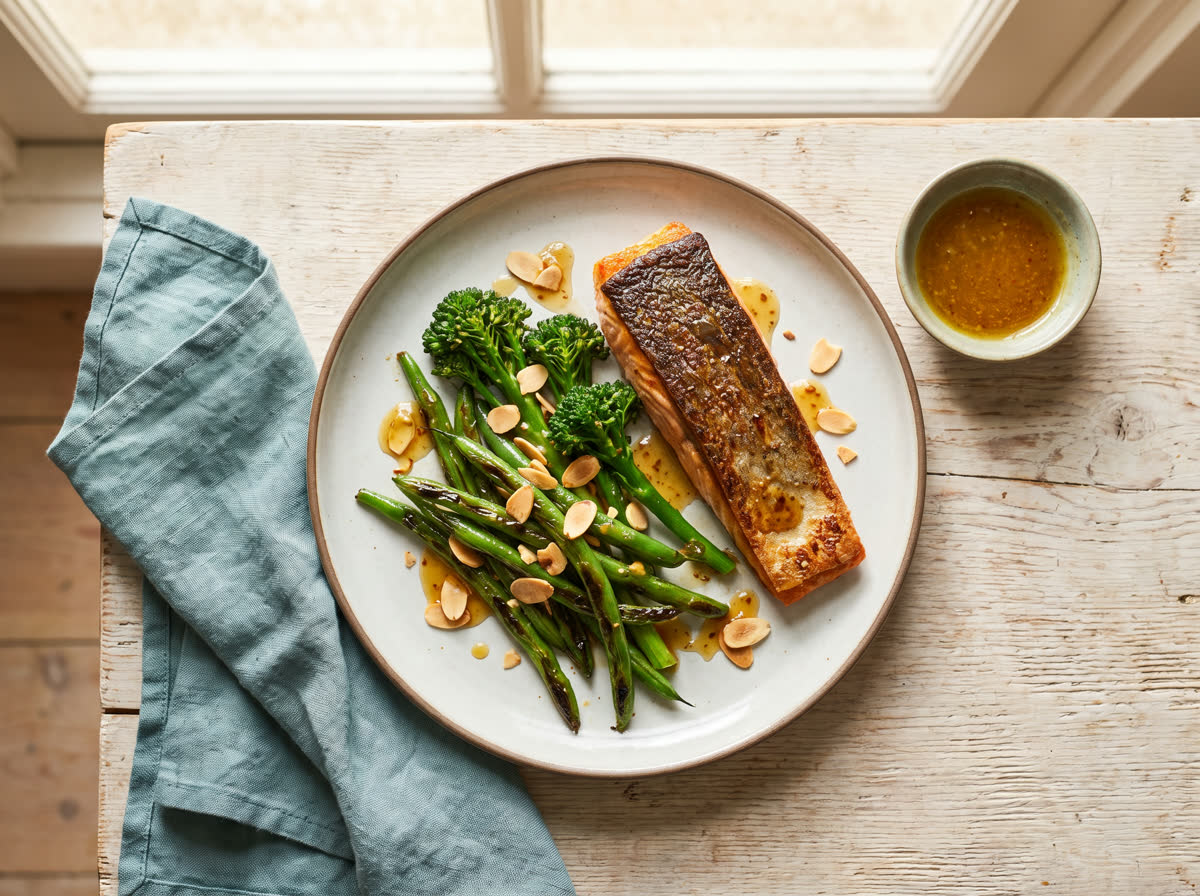Overhead photo of seared salmon with blistered greens in a mustard-honey dressing and flaked almonds