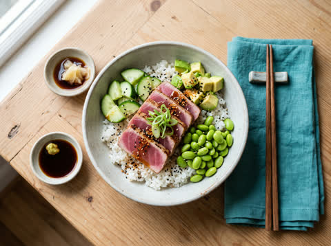 Seared tuna poke-style rice bowl