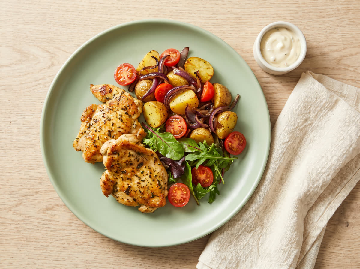 Overhead photo of herb-seasoned chicken with a warm roast potato salad, tomato and mixed leaves