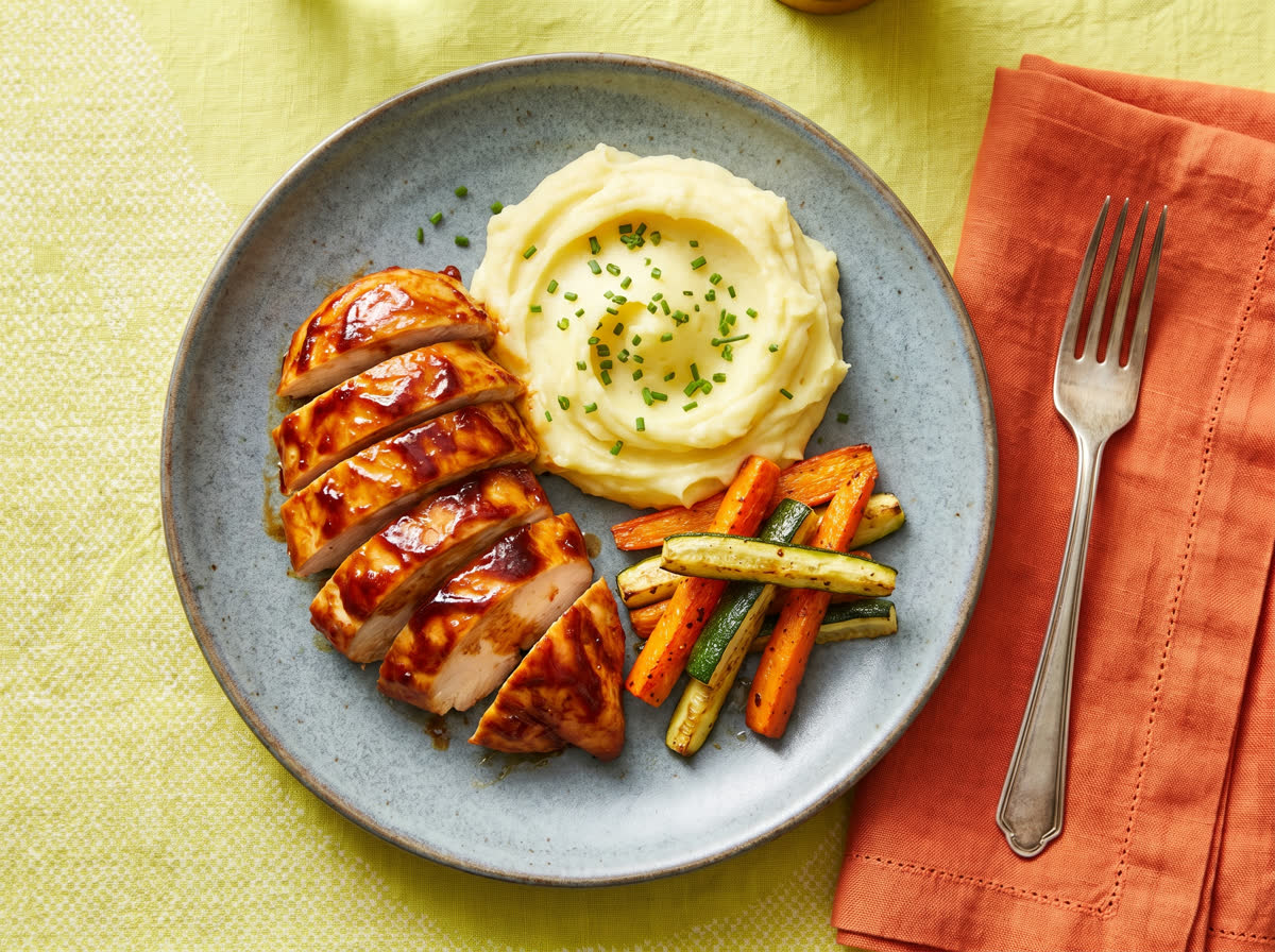 Overhead photo of BBQ-glazed chicken with buttery mashed potato and garlic carrot and zucchini