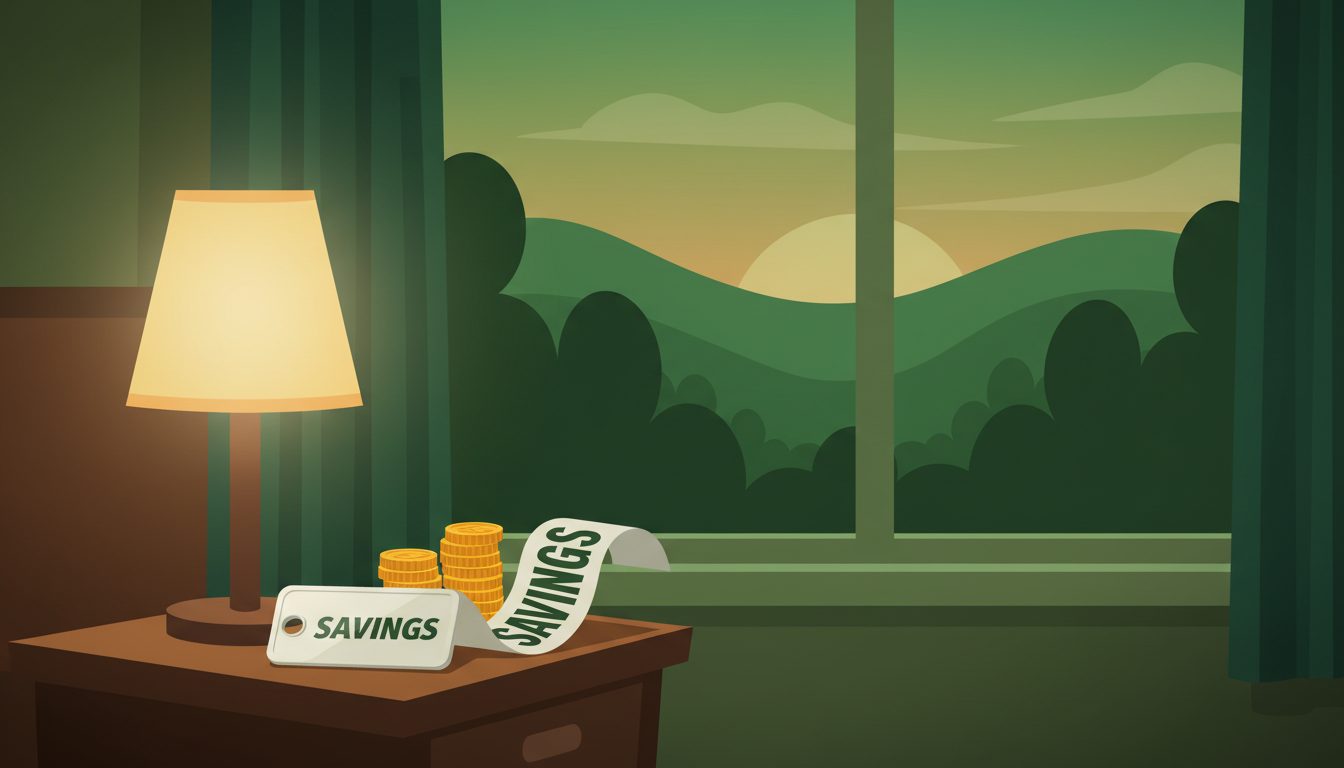 NeverStay key art — a room key, a SAVINGS receipt and coins by a green valley window